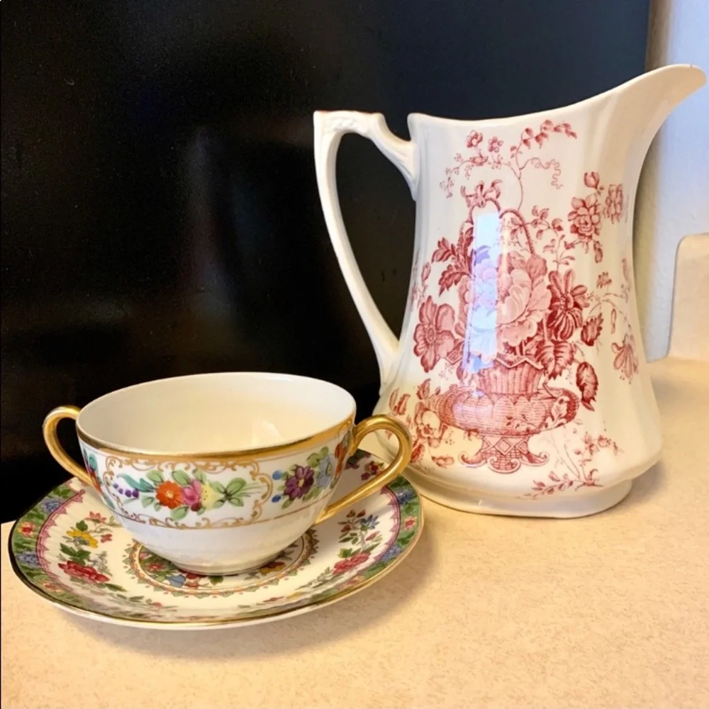 Charlotte Staffordshire Pitcher Red & White Porcelain China